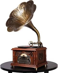Bluetooth Phonograph Record Player,Portable Version Gramophone Vintage Retro Style Subwoofer Speaker/Aux-in,CD,FM/AM Radio,45 RPM Adapter, for HX-411/12/NF-601/605/610 (Horn with Texture) Review