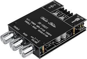 ZK-1002T Bluetooth Amplifier Board 2.0CH 100W*2 Mini Audio AMP with Treble and Bass Control, BT and AUX Inputs, DC 9-24V Stereo AMP Module for Home Speakers, Update Version APP Control Review