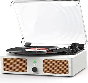 Vinyl Record Player with Built-in Speakers and USB,Belt-Driven Bluetooth Turntable with 3 Speed AUX Input Headphone Jack and RCA Output Vintage Wooden White Review